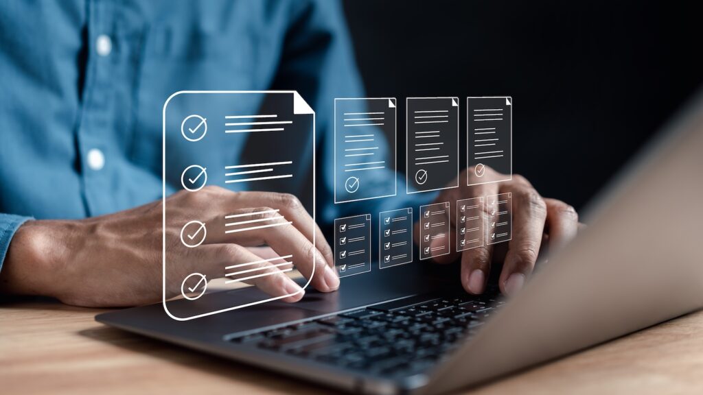 Online survey and digital form checklist by laptop computer, Document Management Checking System, online documentation database and process manage files.